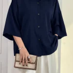 شومیز زنانه باکسی لینن پشت پاگون دار شکلاتی و سرمه‌ای