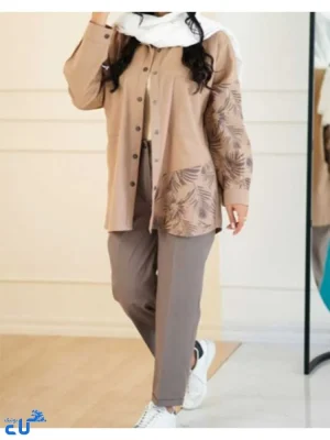 ست شومیز شلوار زنانه طرح برگ شکلاتی
